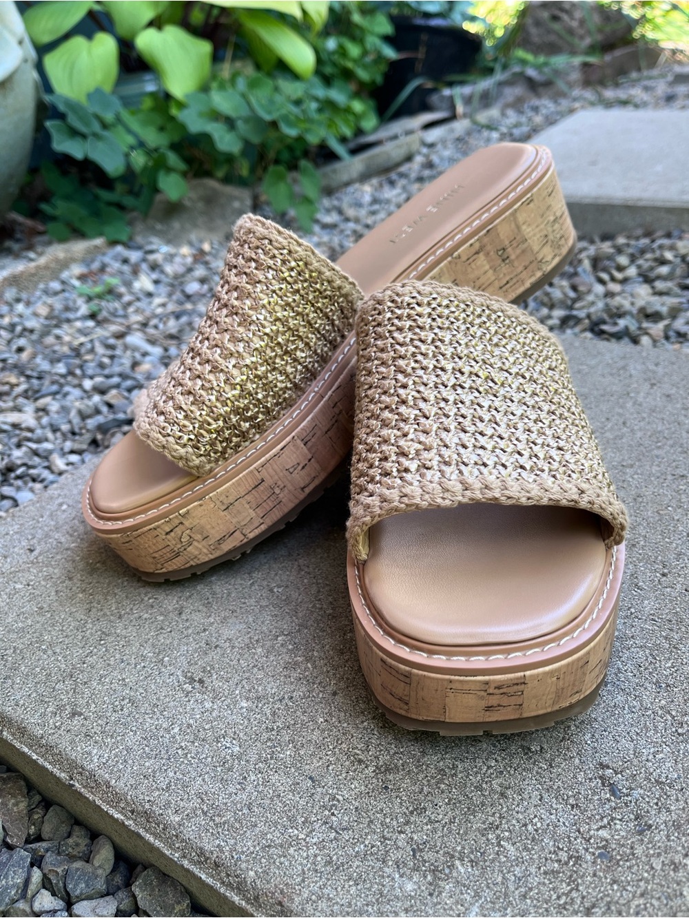 Nine West Woven Platform Slide Sandals in Natural Tan